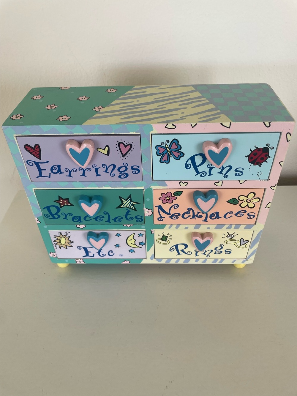 Lillian Vernon Jewelry Box Wooden 6 Drawers with Heart Shaped Pulls